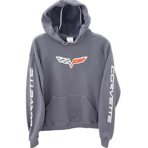 Chevy Corvette C7 Flag Logo Pullover Graphic Hoodie Script On Sleeves ~ Men's MD